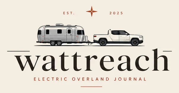Wattreach logo showing a white Rivian R1T pulling a silver Airstream travel trailer