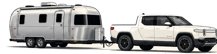 Wattreach logo showing a white Rivian R1T pulling a silver Airstream travel trailer